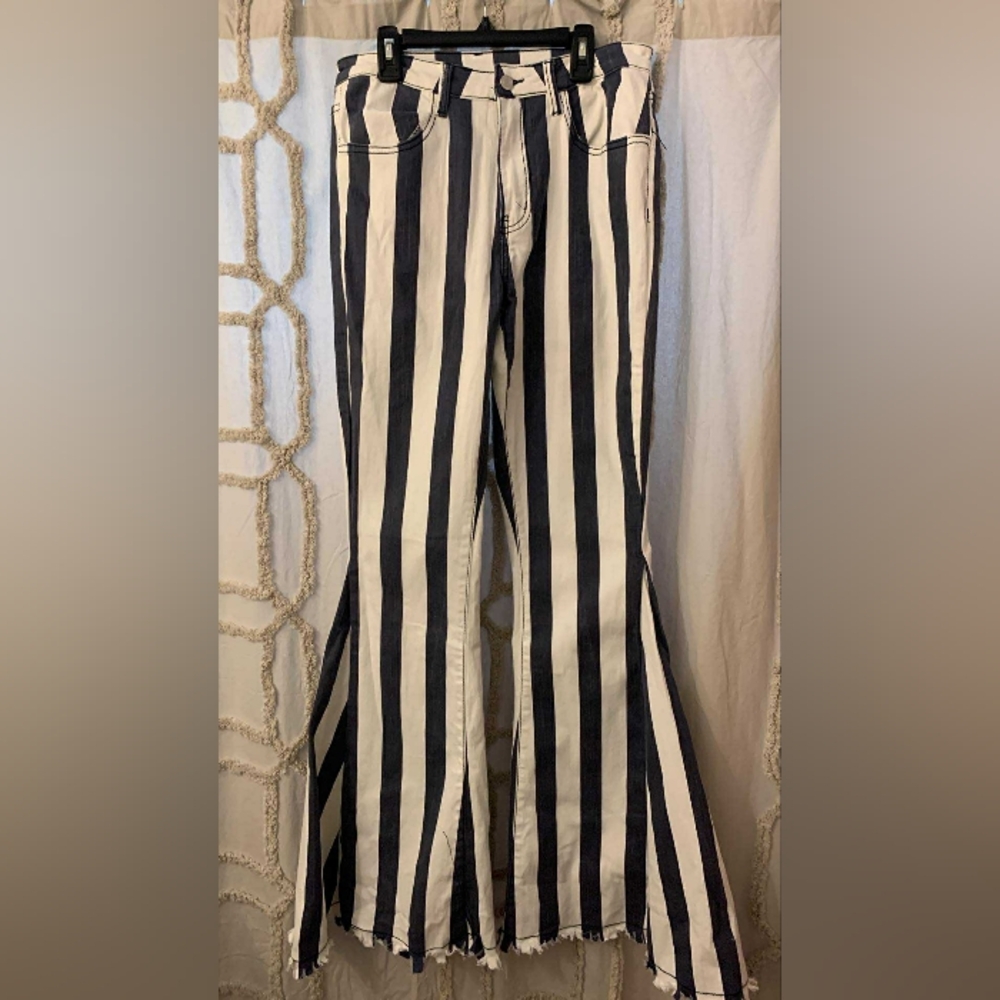 Judith March Blue And White Striped Flare Pants Size L